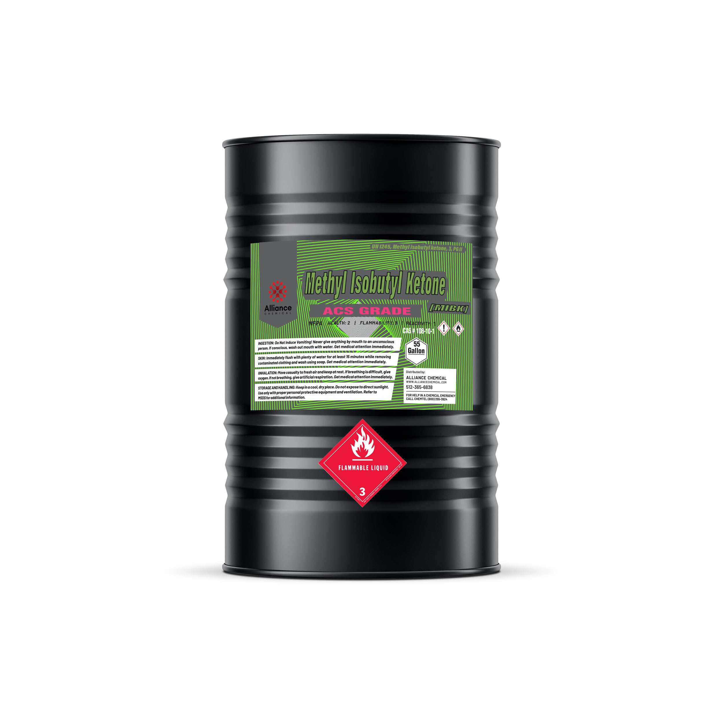 55-gallon black drum of ACS-grade Methyl Isobutyl Ketone (MIBK) with green Alliance Chemical label and Class 3 flammable liquid warning diamond.